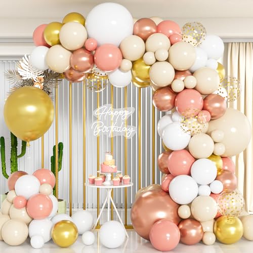 Roségold Luftballons Bogen Set, 102 Stück Retro Rosa Sand Weiße Ballons Bogen Girlanden Set, Metallic Gold Roségold Konfetti Ballons Für Frauen Mädchen Geburtstagsfeier Hochzeit Verlobung Jahrestag von Party Forest