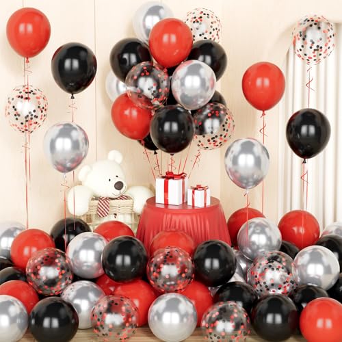 Rot Schwarz Silber Ballons,50 Pcs 12 Zoll Rot Schwarz Metallic Silber Konfetti Latex Ballons mit 2 Bändern für Valentinstag Geburtstag Hochzeit Braut Baby Shower Verlobungsparty Dekorationen von Party Forest