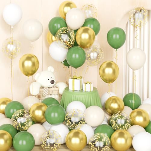 Salbei Grün Gold Ballons,50 Pcs 12 Zoll Salbei Grün Sand Weiß Metallic Gold Konfetti Latex Ballons mit 2 Bändern für Frauen Männer Jungen Mädchen Geburtstagsparty Baby Shower Hochzeit Jubiläum Dekor von Party Forest