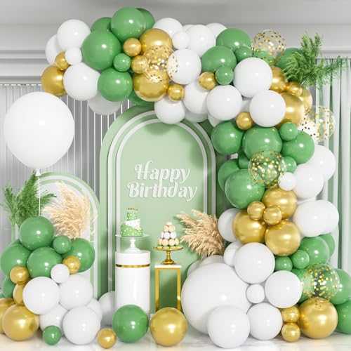 Salbei Grünes Luftballon Bogen Set, 115 Stück Avocadogrün Weißes Ballon Bogen Girlanden, Metallisches Gold Konfetti Ballons Für Jungen Mädchen Geburtstags Party Dschungel Safari Thema Babyparty Deko von Party Forest