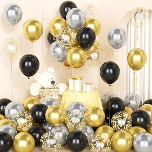 Schwarz Gold Silber Ballons,50 Pcs 12 Zoll Schwarz Metallic Gold Silber Konfetti Latex Ballons mit 2 Bändern für Geburtstag Hochzeit Braut Baby Shower Graduation Party Dekorationen von Party Forest