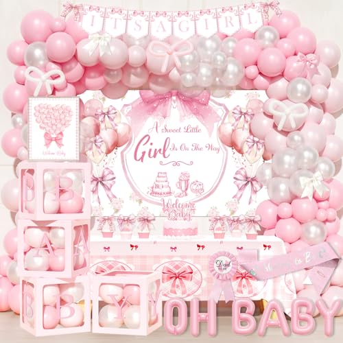 Party Inspo Rosa Schleife Babyparty-Dekorationen, Babyparty-Dekorationen für Mädchen, kokette Babyparty-Dekorationen, Schleifen-Thema-Hintergrund, Ballon-Banner, Tischdecke, Schärpe für Mädchen von Party Inspo