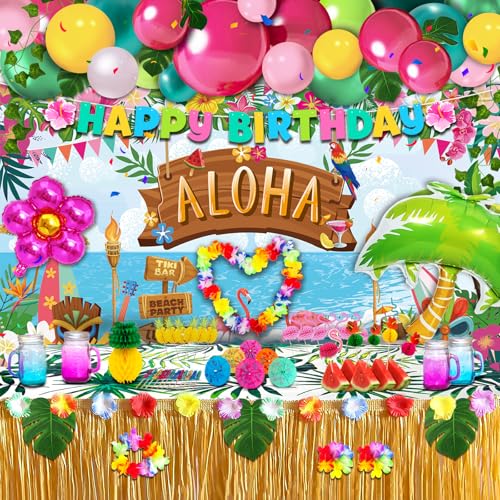 Party Spot! 150 Stück Luau Party Dekorationen Hawaii Party Dekorationen Tropische Party Dekorationen Aloha Hintergrund Happy Birthday Banner Tischrock Tischdecke 45 Latexballons Topper von Party Spot!