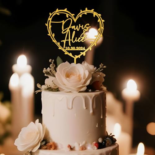 Party to Be Cake Topper Hochzeit Personalisiert Herz Kranz Design mit Namen und Daten Dekoration der Hochzeitstorte in Metallic-Farbe von Party to Be