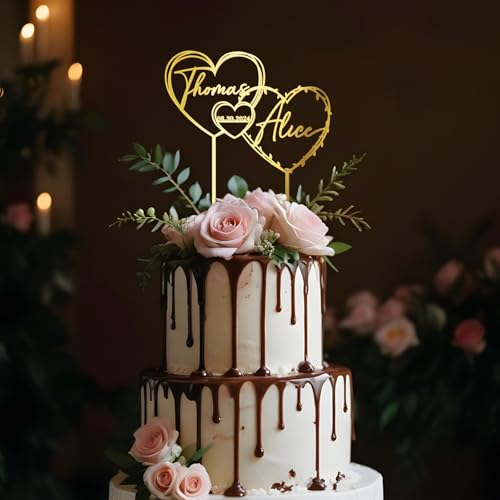 Party to Be Cake Topper Hochzeit Personalisiert Herz mit Namen und Daten Dekoration der Hochzeitstorte aus Acryl und Holz (Design 02) von Party to Be