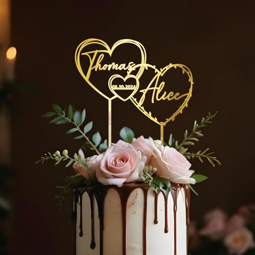 Party to Be Cake Topper Hochzeit Personalisiert Herz mit Namen und Daten Dekoration der Hochzeitstorte aus Acryl und Holz (Design 02) von Party to Be