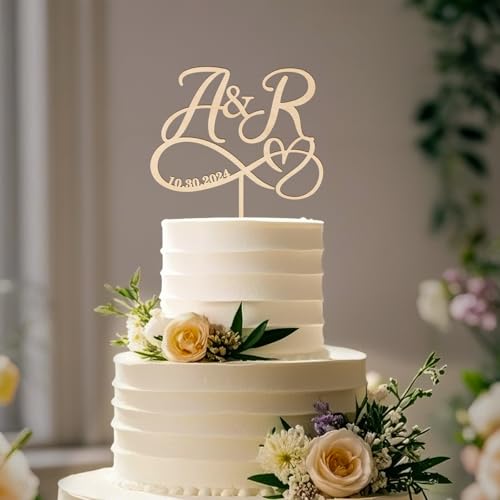 Party to Be Hochzeit Cake Topper Personalisiert Braut und Bräutigam Tortenstecker mit Namen Initialen Hochzeitstorte Deko Herz Infinity Hochzeit Dekoration in Plain Metallic Finish Holz von Party to Be