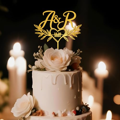 Party to Be Personalisiert Hochzeitstorte Topper in Metallic Farbe mit Initialen und Datum Hochzeitstorte Dekoration Herz und Blätter Design von Party to Be