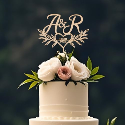 Party to Be Personalisiert Hochzeitstorte Topper in Plain Metallic Finish Holz mit Initialen und Datum Hochzeitstorte Dekoration Herz und Blätter Design von Party to Be