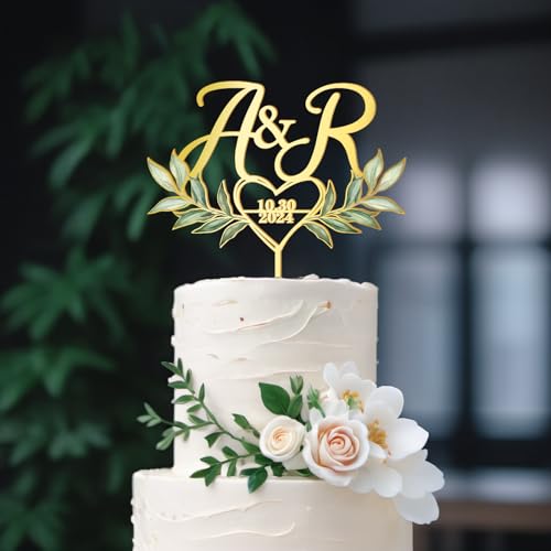 Party to Be Personalisiert Hochzeitstorte Topper in UV-gedrucktes mit Initialen und Datum Hochzeitstorte Dekoration Herz und Blätter Design von Party to Be