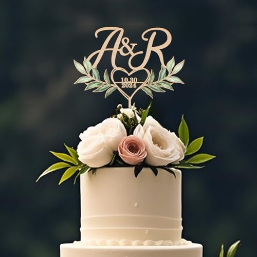 Party to Be Personalisiert Hochzeitstorte Topper in UV-gedrucktes mit Initialen und Datum Hochzeitstorte Dekoration Herz und Blätter Design von Party to Be