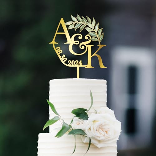 Party to Be Personalisiert Hochzeitstorte Topper mit Braut und Bräutigam Name Initialen für Hochzeit Kuchen Dekoration Grüne Blätter (Design 01) von Party to Be