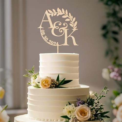 Party to Be Personalisiert Hochzeitstorte Topper in Holz mit Braut/Bräutigam Name und Initialen Hochzeit Kuchen Dekoration Blätter Silhouette Design von Party to Be