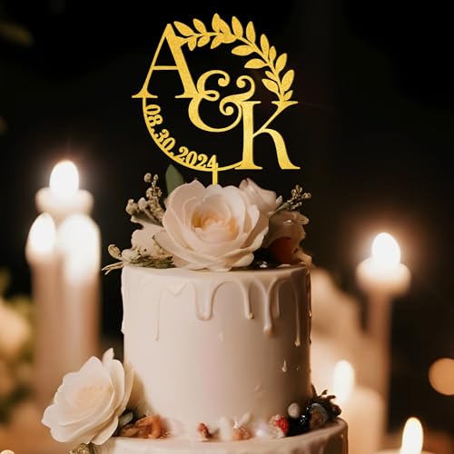 Party to Be Personalisiert Hochzeitstorte Topper in Metallic-Farbe mit Braut/Bräutigam Name und Initialen Hochzeit Kuchen Dekoration Blätter Silhouette Design von Party to Be