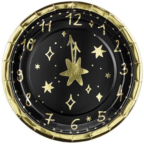 PartyDeco 6 Teller Silvester schwarz Gold Uhr von PartyDeco