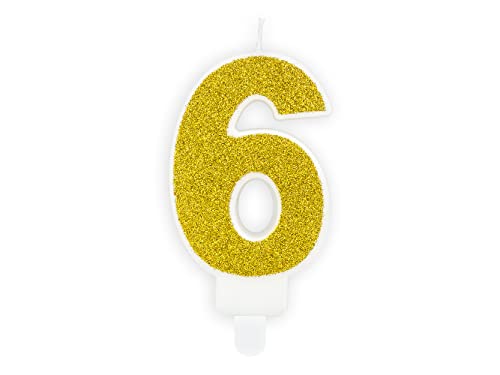 PartyDeco Geburtstagskerze Zahl 6 Zahlenkerze 7cm Kuchenkerze Tortendeko Kindergeburtstag Glitzerkerze Gold Geburtstag Kerze Nummer 6 Gold von PartyDeco