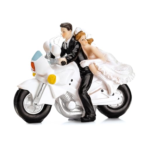 Tortenfigur Hochzeit 11,5cm - Brautpaar Figuren auf Motorrad - Hochzeitstorte Deko Tortendeko Tortenaufsatz Cake Topper - Hochzeitsdeko Torte - Hochzeitstortenfiguren Weiß Schwarz von PartyDeco