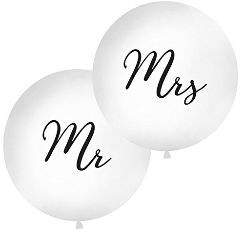 PartyDeco Runde Ballon Weiß mit Schwarzen Aufschrift Mr- Latex-Ballon Brautpaar Junges Paar in der Luft- 1m Durchmesser Ballon Träger Hochzeit Dekoration Hochzeit Empfang von PartyDeco