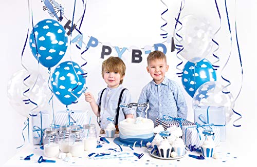 PartyDeco Set von Party-Dekorationen Flugzeug Geburtstag Party Thema Banner Muffin Pins Kuchen Topper Ballons Star-förmigen Folienballon Konfetti Serpentine für Jungen von PartyDeco