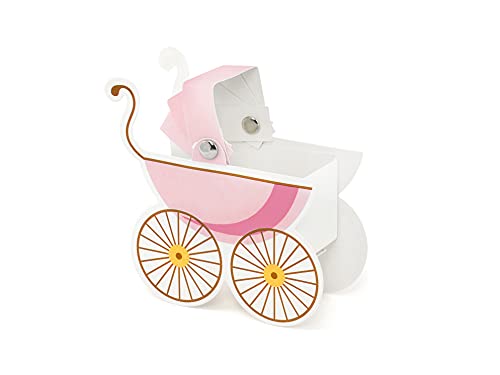 PartyDeco Baby-Kutsche geformt Box in rosa Geschenk-Box für Gäste Dekoration für Taufe Baby-Dusche 1. Geburtstag Party Tischdekorationen Baby-Kutsche von PartyDeco