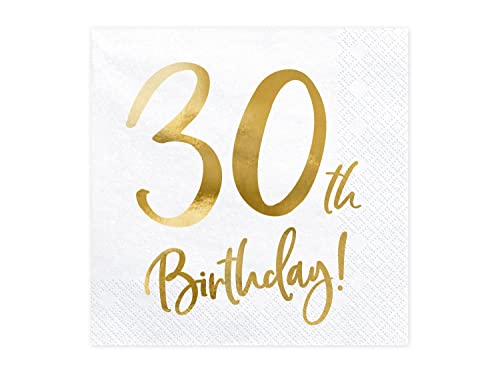 Servietten 30. Geburtstag 33x33 cm 3-lagig 20 Stück Papierservietten Servierten für Geburtstag und Party weiß Gold Bedruckt von PartyDeco