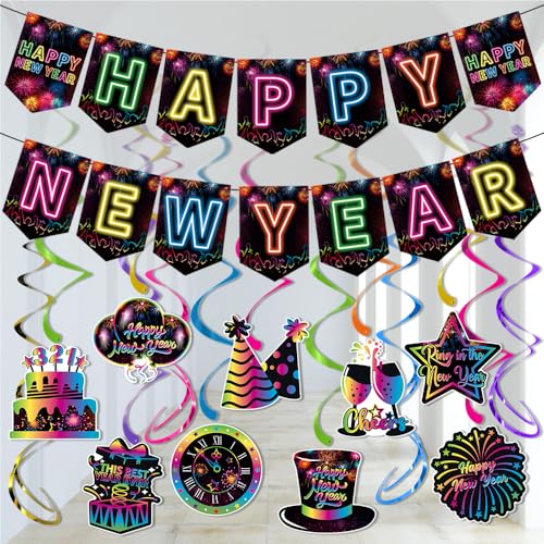 2025 Happy New Year Decor - Neon Themed Happy New Year Banner Hanging Swirls Decorations Glow 2025 New Years Eve Party Supplies von PartyGarden