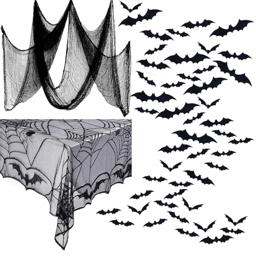 Halloween-Dekorationen – Halloween-Grusel-Gaze-Stoff, Halloween, schwarze Spitze, Spinnennetz-Tischdecke und 3D-Fledermaus-Wandaufkleber für Halloween-Party, gruselig, Spukhorror, Hausdekoration, 5 von PartyGarden