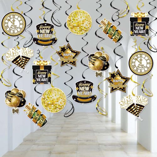 Happy New Year Decor - 24 Stück Happy New Year hängende Wirbel Dekorationen 2025 Silvester Party Supplies von PartyGarden