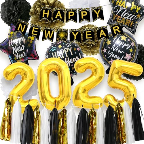 Silvester Party Supplies 2025 - Happy New Year Decorations Kit 2025 Folienballon Happy New Year Banner Papier Quaste Girlande NYE Dekorationen von PartyGarden