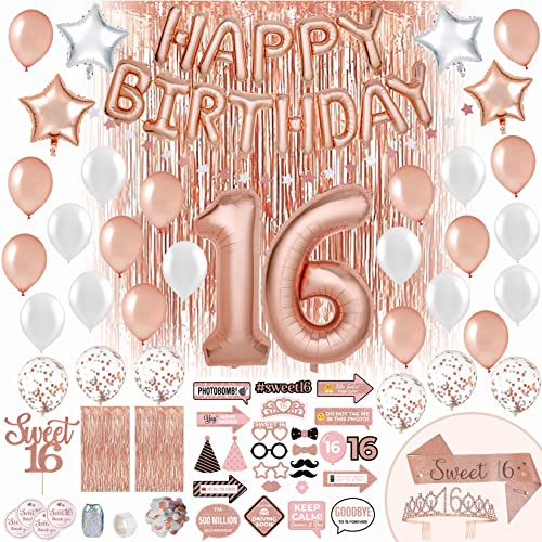 Sweet 16 Party Supplies WITH Photo Booth Backdrop and Props -Rose Gold Sweet 16 Decorations - 16th Birthday Party Supplies WITH Happy Birthday Banner, 16, Confetti and Mylar Balloons|Sweet Sixteen von PartyHooman