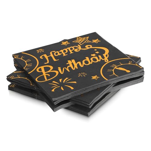 PartyKindom 1 Satz Geburtstagsserviette „Happy Birthday“ Schwarz Und Gold Geburtstagsparty Serviette Abendessenservietten Geburtstags Tischdekoration Geburtstagsparty Dekoration 50 Stück von PartyKindom