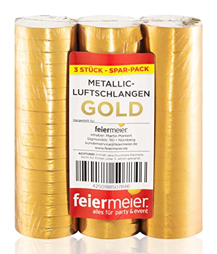 PartyMarty Luftschlangen Gold Metallic im 3er Sparpack - 3 Rollen mit je 18 metallisch glänzenden Luftschlangen - Karneval, Fasching, Hochzeit, Silvester & Co GmbH® von PartyMarty