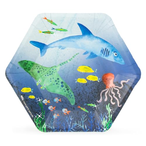 PARTY PARTY 16 schillernde Unterwasser Partyteller, glitzernde Fische, hexagonaler Pappteller Ozean Kindergeburtstag, Geburtstag, 23 x 25 cm von PARTY PARTY