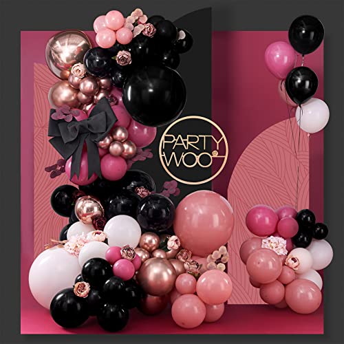 PartyWoo 140 Stück Rosa Luftballon Girlande, Schwarzer und Pink-Ballon Girlande mit Roségoldene 4D-Ballons, Staubige Rose Metallic-Luftballons für Geburtstag, Hochzeit, Junggesellinnenparty von PartyWoo