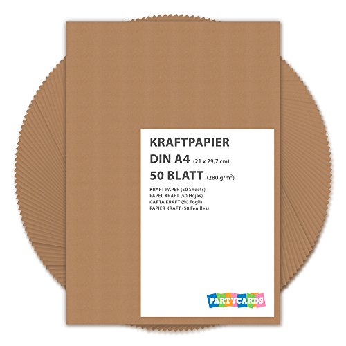 Partycards Kraftpapier braun 280 g/m² – Naturkarton in hochwertiger Qualität als Bastelpapier, Kartonpapier, Fotokarton, Hochzeitskarten (DIN A4, 50 Blatt) von Partycards