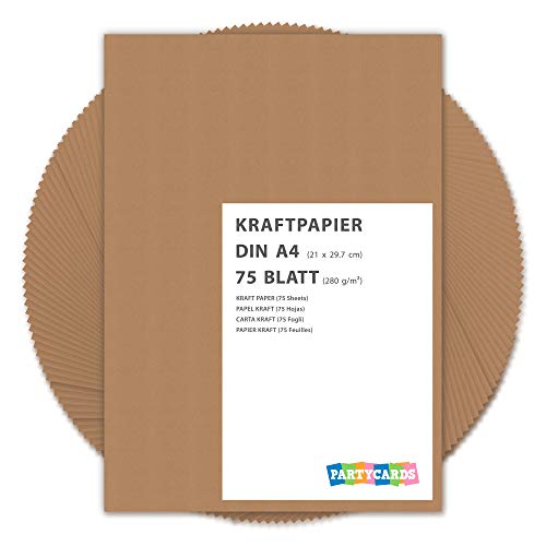 Partycards Kraftpapier braun 280 g/m² – Naturkarton in hochwertiger Qualität als Bastelpapier, Kartonpapier, Fotokarton, Hochzeitskarten (DIN A4, 75 Blatt) von Partycards