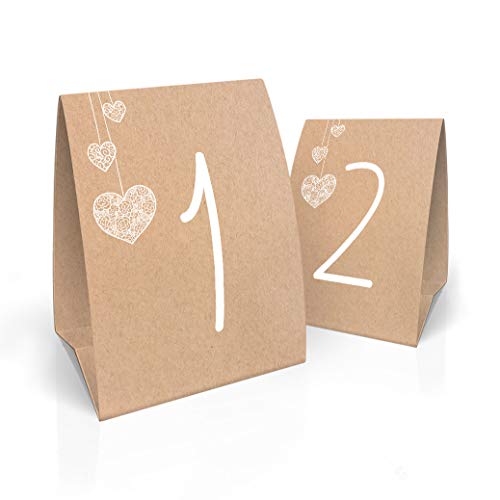 Partycards Tischnummern Hochzeit 1-12, Sitzplan Hochzeit, Tischplan Hochzeit, Sitzordnung Hochzeit, Tischnummer Hochzeit, Größe 18 x 16 cm, Aus Kraftpapier, Herz Motiv von Partycards