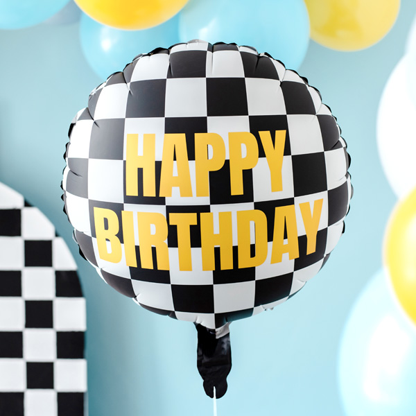 Happy Birthday Folienballon mit Zielflaggen-Muster, Ø 35cm von Partydeco