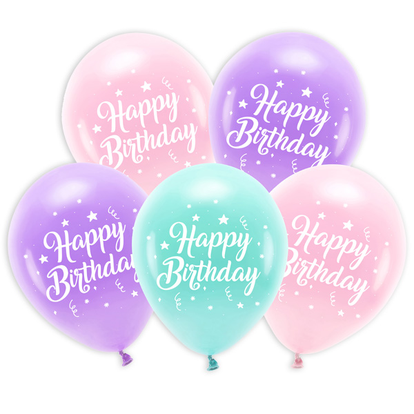 Öko Latexballons "Happy Birthday" in Rosa, Lila, Mint, biologisch abbaubar, 5 Stück, 26cm von Partydeco