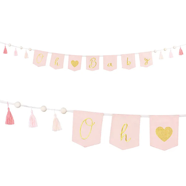 Stoffgirlande "Oh Baby" in hellrosa mit Quasten und goldener Schrift, 2,5m von Partydeco