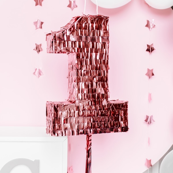 Zug-Pinata zum 1. Geburtstag in rosegold, 40cm x 28cm von Partydeco