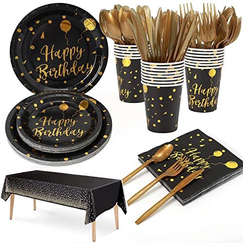 176 Pieces Happy Birthday partygeschirr Set | Kindergeburtstag Schwarzes Gold pappteller Geburtstag partygeschirr geschirrset, Tablecloth, Plates, Cups, Napkins,Aus 100% Papier (25 Gästes) von Partyhausy