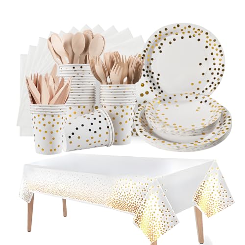 176 Pieces Happy Birthday partygeschirr Set | Kindergeburtstag Weiß Gold pappteller Geburtstag partygeschirr geschirrset, Tablecloth, Plates, Cups, Napkins,Aus 100% Papier (25 Gästes) von Partyhausy