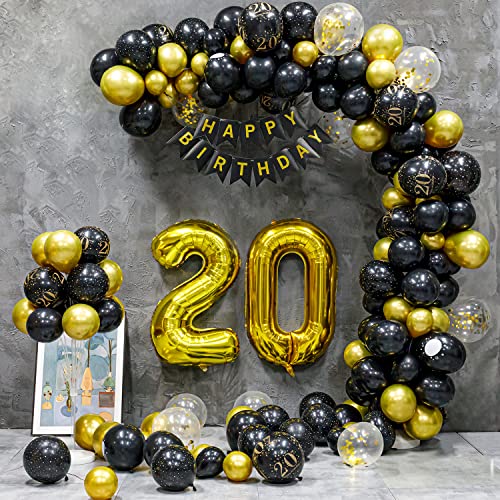 20 Geburtstag Deko, 20 Geburtstag Mann Frauen, 20 Jahre Geburtstagdeko, Happy Birthday Girlande Ballon Schwarz Gold Dekoration, Deko 20 Geburtstag Konfetti Luftballons Birthday Party von Partyhausy