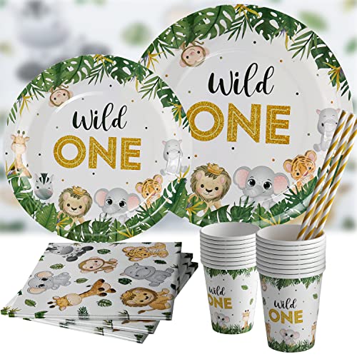 Wild One Geburtstag Deko Partygeschirr,1. Geburtstag Junge Dschungel Safari Partygeschirr Set,Papier Teller Becher Servietten Strohhalme für 20 Gäste Babyshower Deko von Partyhausy