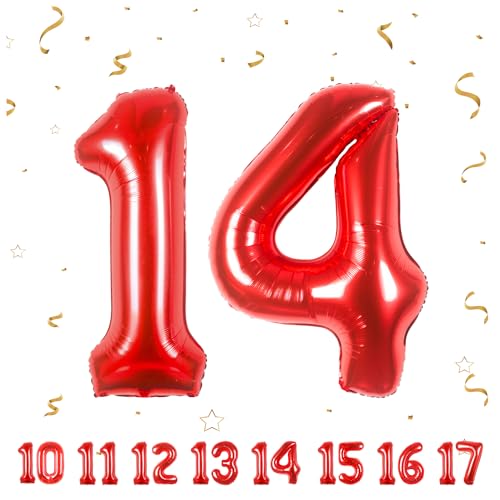 Zahlen luftballon 14 jahre | Rot Folienballon-40"14 Geburtstagsdeko -14 Ballon Zahl Deko zum Geburtstag fliegt mit Helium 14.Geburtstag für Männer Frauen 14.Geburtstagsparty Jubiläum von Partyhausy