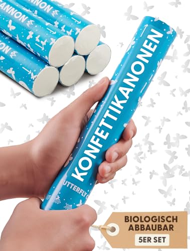 10 Konfettikanonen Schmetterling Weiß – Biologisch abbaubares FSC® Konfetti – Einfach & Sicher zu Bedienen – 5-8 Meter Konfettistrahl Confetti von Partyjoker