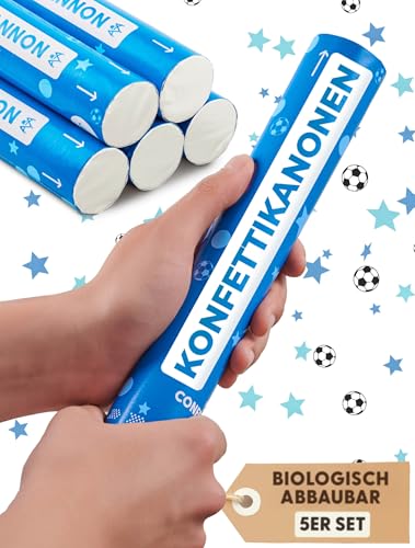 10 Konfettikanonen für Kinder Geburtstag für Jungen – mit Fußball und Sternen in Blau – Biologisch Abbaubares FSC® Konfetti – Einfach und Sicher von Partyjoker