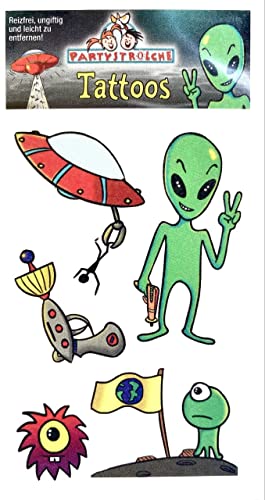 5 Tattoos * Alien & Peace * als Mitgebsel zum Weltraum Kindergeburtstag | Tattoo Kindertattoo Kinder Geburtstag Mitgebsel Aufkleber Space Astronaut Weltall Ausserirdische UFO von Partystrolche