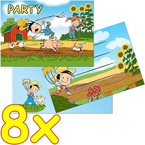 Partystrolche 16-teiliges Einladungskarten-Set * Bauernhof + Tiere * für Kindergeburtstag und Mottoparty | mit 8 Einladungen und 8 Umschlägen | Bauer Flo mit Bauernhoftiere | Farm Kinder Geburtstag von Partystrolche